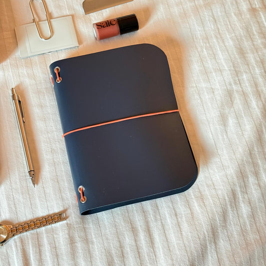 Ocean Blue A5 Trifold faux leather journal open to show panels — Arc and Axis UAE